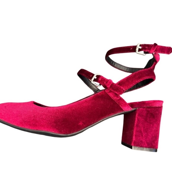 Velvet Mary Jane Red Block Heel Sandals woman’s sz 8.5 retro vintage - Picture 3 of 12
